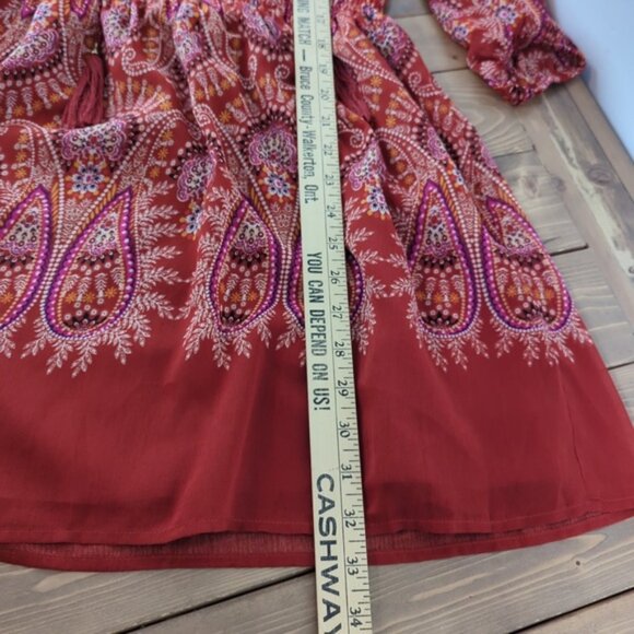 Rust Orange Red Floral Paisley Boho Tassel Short Dress - Picture 11 of 13